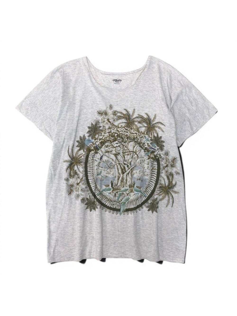 Hermes Print T-Shirt Crew Neck Top Botanical Pattern 36 Light Gray Cotton - Picture 2 of 8
